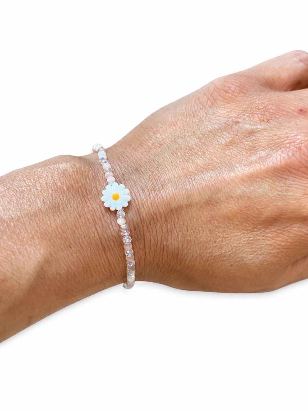 Violet Daisy Flower Beaded Stretch Bracelet Pink Crystal Boho Cottagecore
